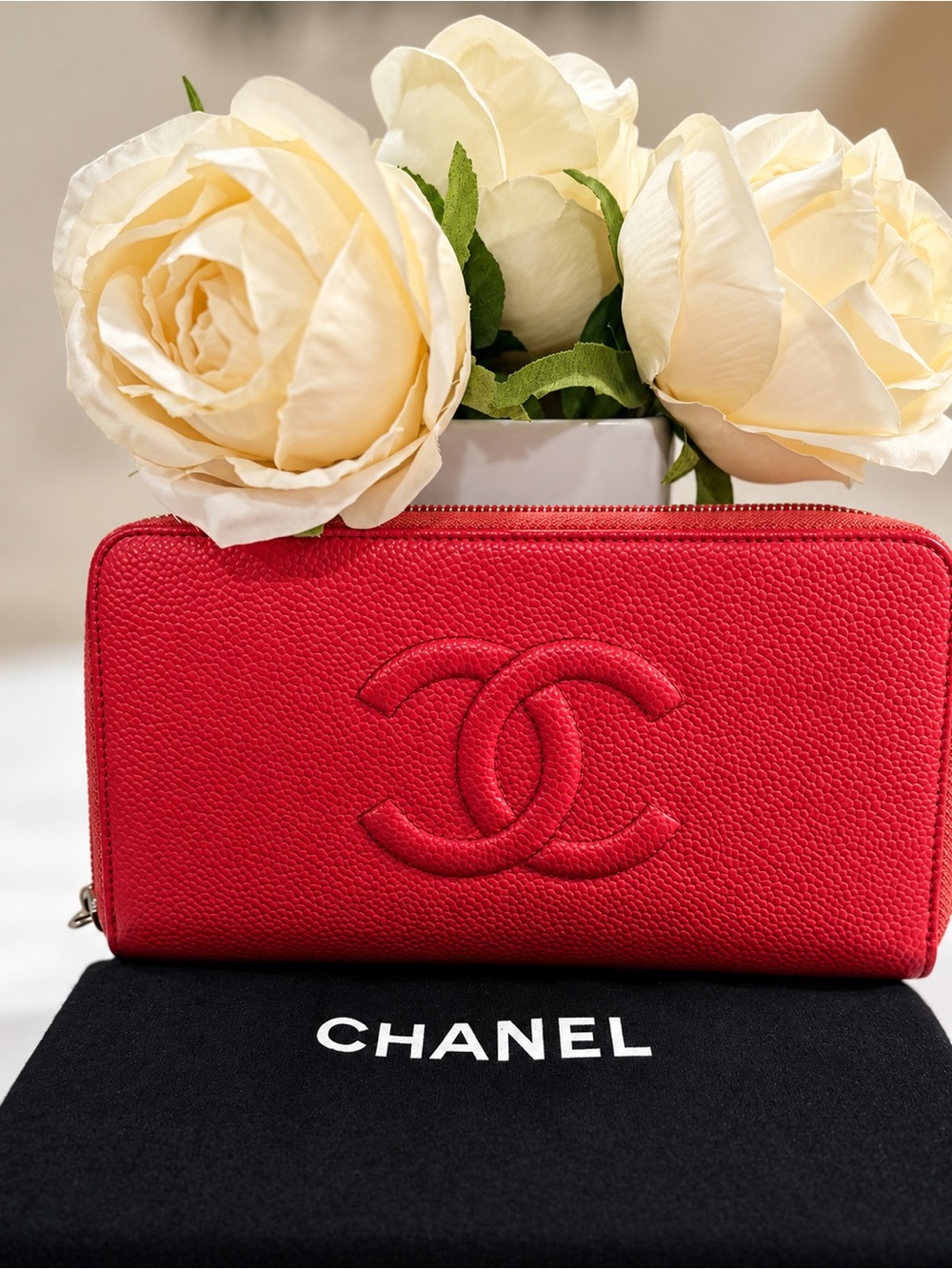 CHANEL CC Logos CalfSkin Leather Long Wallet Coral/Red & Dust Bag